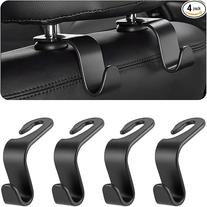 Car Back Seat Headrest Hooks, 4PCS Vehicle Backseat Storage Organizer Hanger, Multifunctional Auto Headrest Hidden Hook Universal for Handbag Purse Backpacks Bags and Groceries (Black)