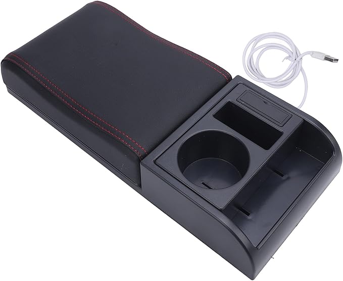 Center Console Armrest Box Cover Adjustable Length with USB Charging Port Cup Holder Universal for Most Vehicles (Red Line)
