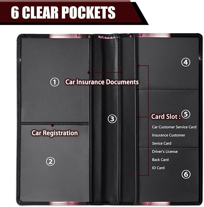 Car Document Holder with Magnetic Shut, Car Registration and Insurance Card Holder, Vehicle Glove Box Organizer Documents, Driver License, Auto Paperwork Organizer Wallet, Pink Butterfly Pattern
