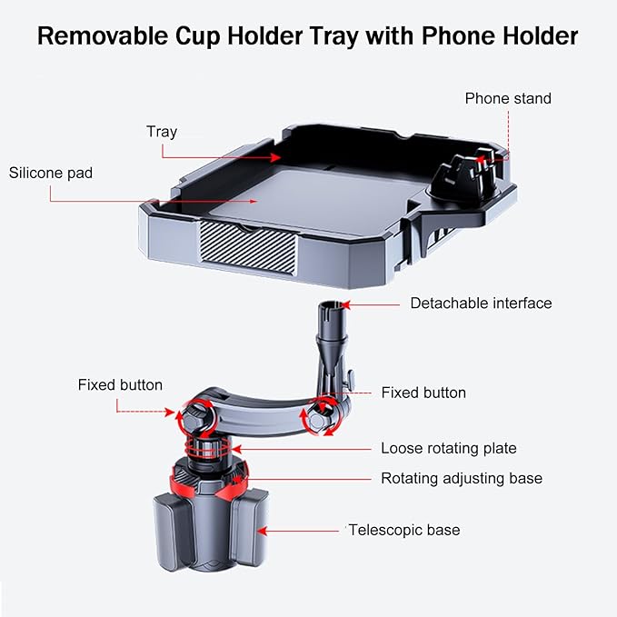 5 in 1 Car Cup Holder Tray Expander, Detachable Food Table Tray with Solid Base, 7.9~9.8 inch Expandable Car Travel Cup Coffee Table Stand 360° Rotating Tray with Phone Holder, Road Trip Essentials