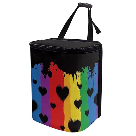 Rainbow Stripes Love Hearts Auto Car Trash Can Rainbow Flag LGBTQ Car Garbage Bag with Lid Washable Leak Proof Car Trash Bin Hanging for Women Men
