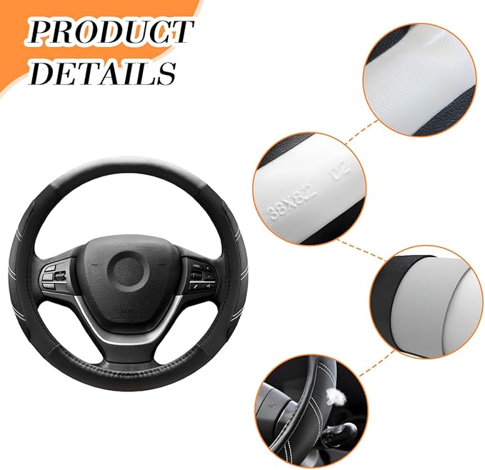 Car Steering Wheel Cover, 14.5-15" Non-Slip Leather Sporty Vehicle Steering Wheel Protector, Breathable Auto Interior Decoration Accessories, Universal for Van Truck Sedan (Black)