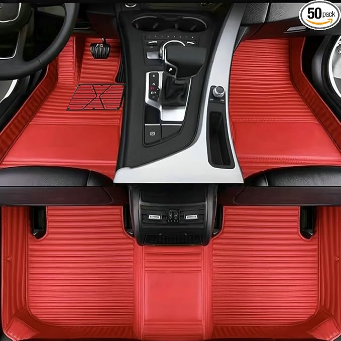 Custom Personalized Floor Mats for Cars，Luxury Full Coverage All Car Floor Mats，Anti-Slip Leather Car Mat Set ，Custom Floor Mats for 99% of Cars, Trucks & SUVs. (Red Stripe)