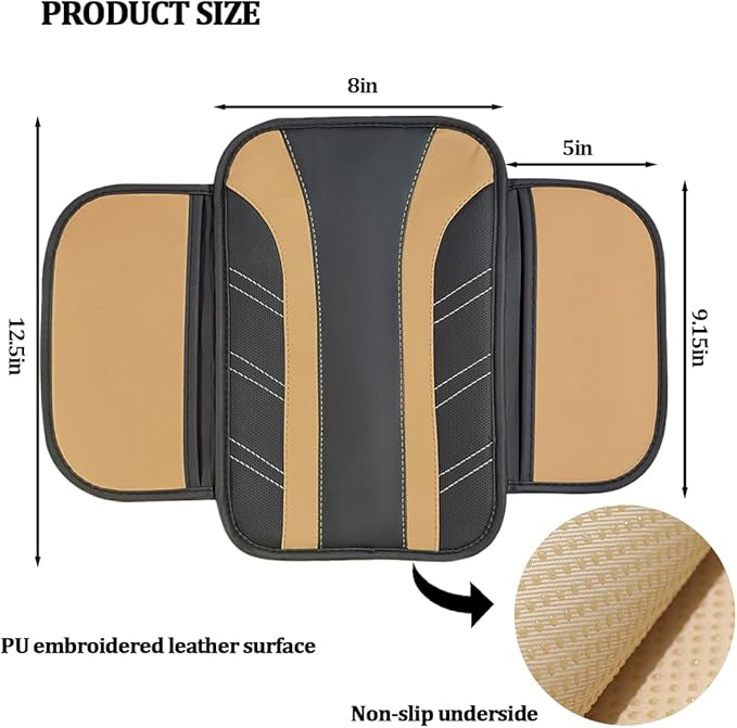 Car Center Console Cover, Soft Leather Sporty Armrest Protector Cushion with 2 Storage Pockets, Comfortable Auto Interior Middle Console Arm Rest Box Pad, Universal for Vehicles (Beige)