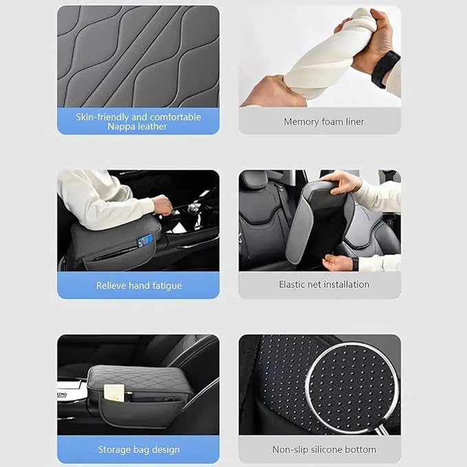 Car Center Console Cushion for 9th Gen Toyota Camry LE SE XLE XSE 2025 2026, Nappa Leather Memory Foam Armrest Cover with Side Storage Pockets, Auto Elbow Support Pad 1pc,Grey