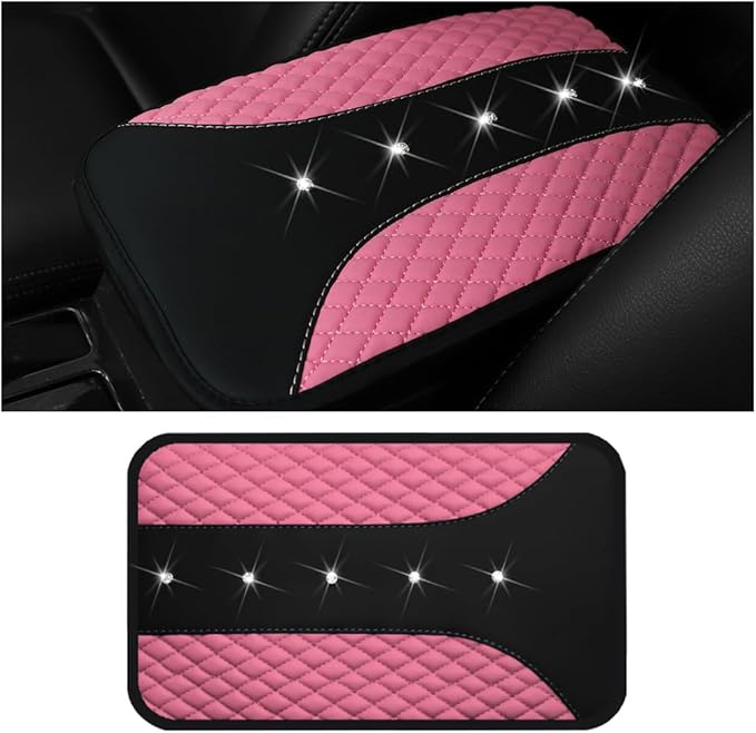 Mandark Bling Leather Car Center Console Cover, Crystal Rhinestone Vehicle Armrest Seat Box Protector, Waterproof Non-Slip Auto Arm Rest Decor Cushion, Universal for SUV, Truck, RV（Pink）