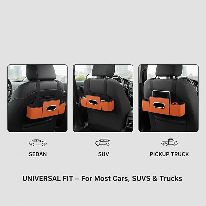 Car Organizers and Storage Box, 4 in 1 Multifunctional Car Organizer Back Seat with 2 Cup Holders & Tissue Box, Backseat Cars Organizer for Hold Phone, Snacks, Drinks, Handbag(Brown,1Pc)