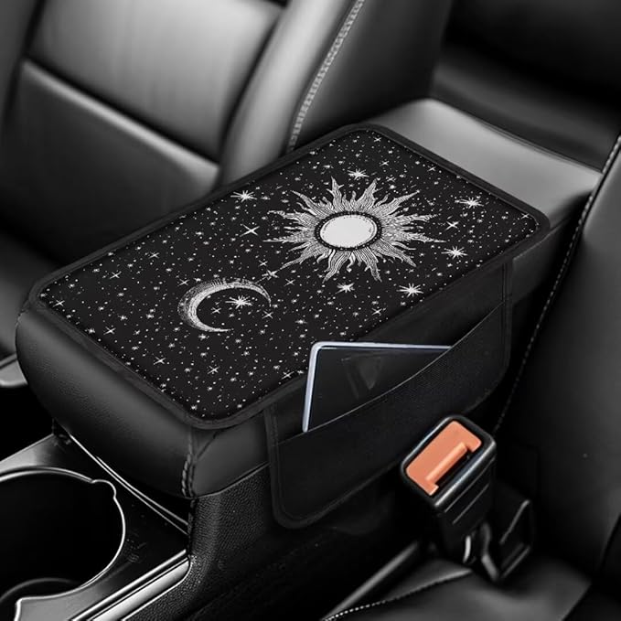 Boatee Sun Moon Armrest Cover for Auto Center Console Cover Arm Rest Mat for Car Console Organizer Armrest Storage Box Pad Universal Arm Rest Cushion Car Accessories Interior Set with Pockets Black