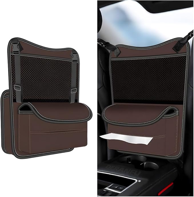 Car Organizer Storage Between Seats, Nappa Leather Large Capacity Vehicle Hanging Handbag Holder for Document Phone, Auto Interior Console Organizer Pocket, Universal Fit (Brown)