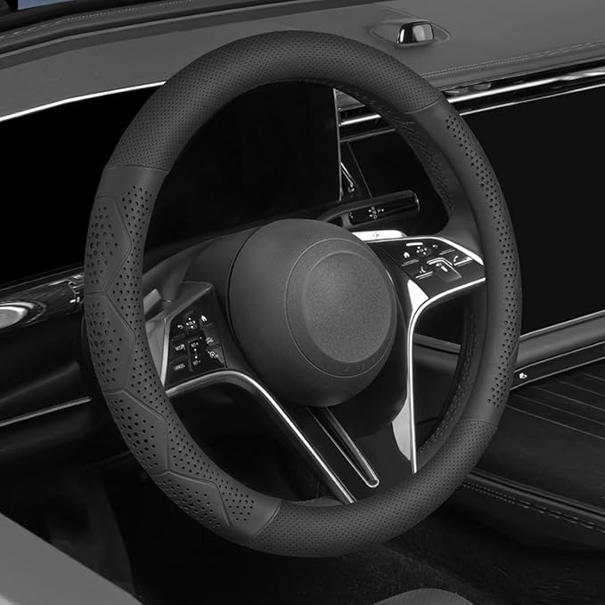 Car Steering Wheel Cover, Anti-Slip Breathable Leather Automotive Steering Wheel Protector, Soft Comfortable Vehicle Interior Protective Accessories, Universal for RV, SUV, Truck (Black)