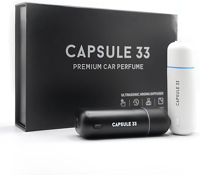 Capsule 33 Car Perfume Starter Pack, Car Air Freshener, Ultrasonic Aroma Diffuser, 6 Fragrances (White Crystal, Red Diamond, East Gold, Ocean Blue, Sweet Cherry, Light Pink) (White)