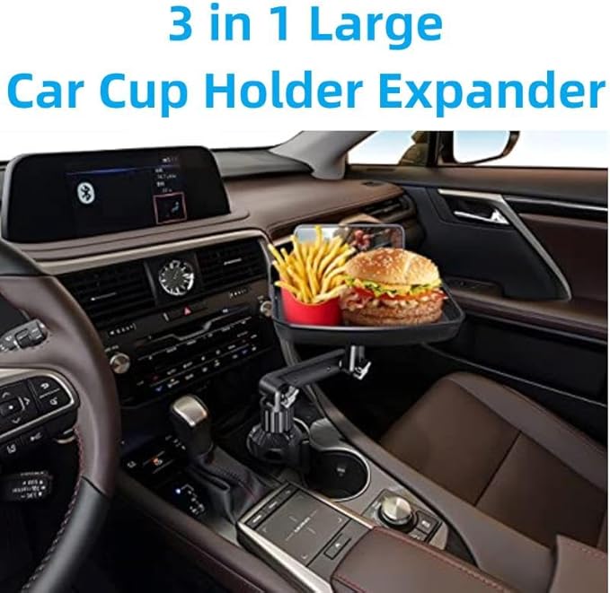 Larger Cup Holder Tray, 10 inch Car Food Tray for Eating, Detachable 3 in 1 Car Cup Holder Expander and 360° Rotating Car Cup Holder Tray Table with Phone Holder, Road Trip Essentials