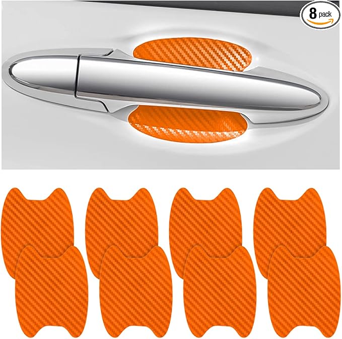 8PCS Car Door Handle Sticker, Carbon Fiber Anti-Scratches Car Door Cup Protector, Non-Marking Auto Door Handle Protective Film, Self-Adhesive Door Side Paint Protector for All Cars (Orange/8PCS)
