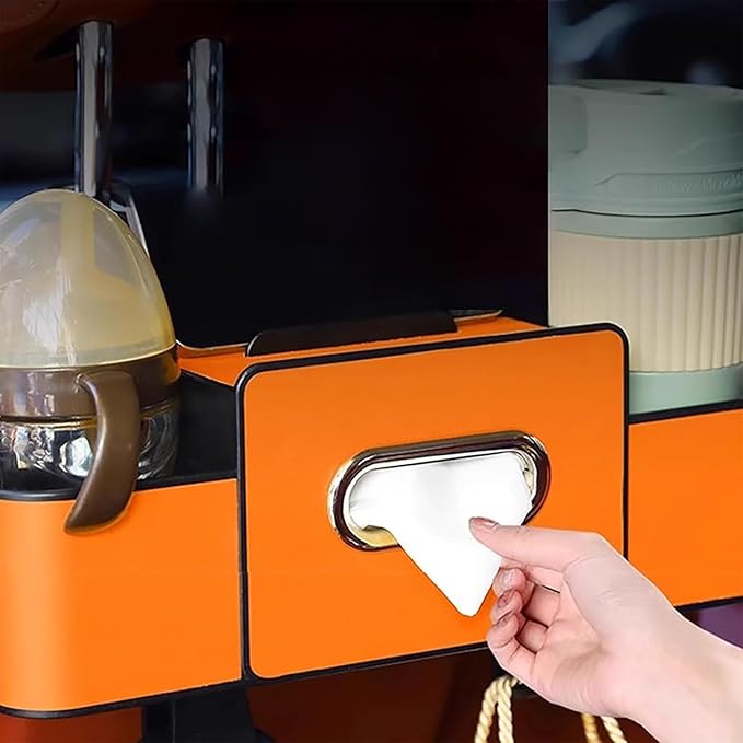 Car Backseat Organizer with Cup Holder, Tissue Box, Trash Bin & Hooks, 3-in-1 Multifunctional Back Seat Car Organizer for Hold Phones, Snacks, Drinks, and Handbags, Gifts for Car Owners (Orange)