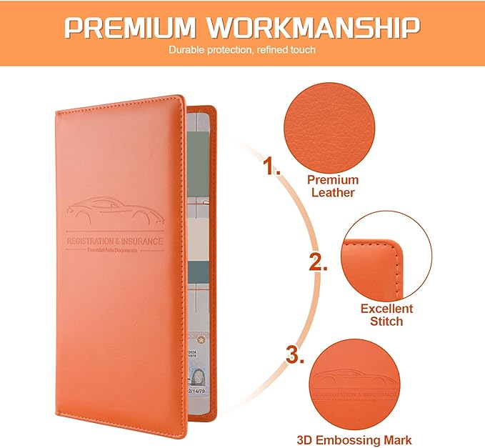 JUSTTOP 1Pack Car Registration and Insurance Holder,Car Document Holder for Cards License with Magnetic Shut,Vehicle Glove Box Car Organizer for Documents, Cards, License(Orange)