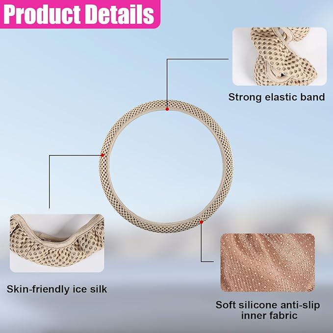 Elastic Stretch Steering Wheel Cover, Anti-Slip 15 inch Microfiber Odorless Breathable Ice Silk Car Steering Wheel Protector, Easy Carry, Warm in Winter & Cool in Summer (Beige)