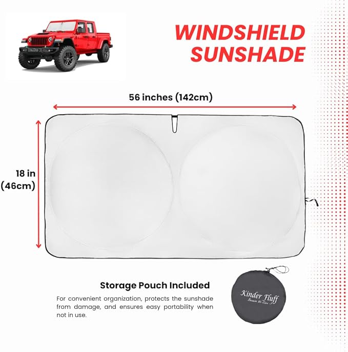 kinder Fluff Windshield Sunshade for Jeep Wrangler, Rubicon, Sahara, Gladiator, Sport S, Willys 41, High Altitude, 4xe | Certified Car Window Shade Blocks 99.9% UVR | Sun Protection Car Accessories