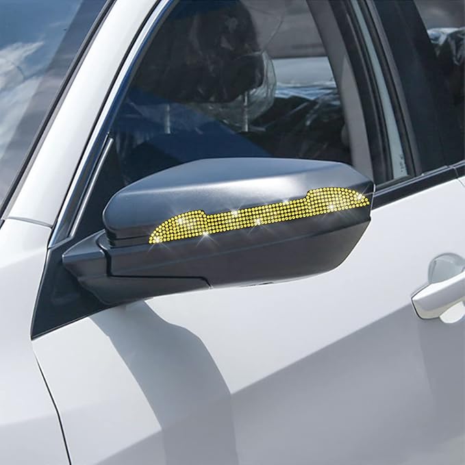 4PCS Bling Car Rear View Mirror Anti-Scratch Stickers Protector, Rhinestone Auto Door Handle Edge Guards, Crystal Anti-Collision Strip Decal, Car Exterior Decoration Accessories for Women Men (Yellow)
