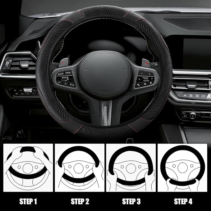 Car Steering Wheel Cover, Steering Wheel Cover Protector, 15 Inch Carbon Fiber Microfiber Leather Elastic Steering Wheel Protector, Car Steering Wheel Accessories for Vehicles (Black)