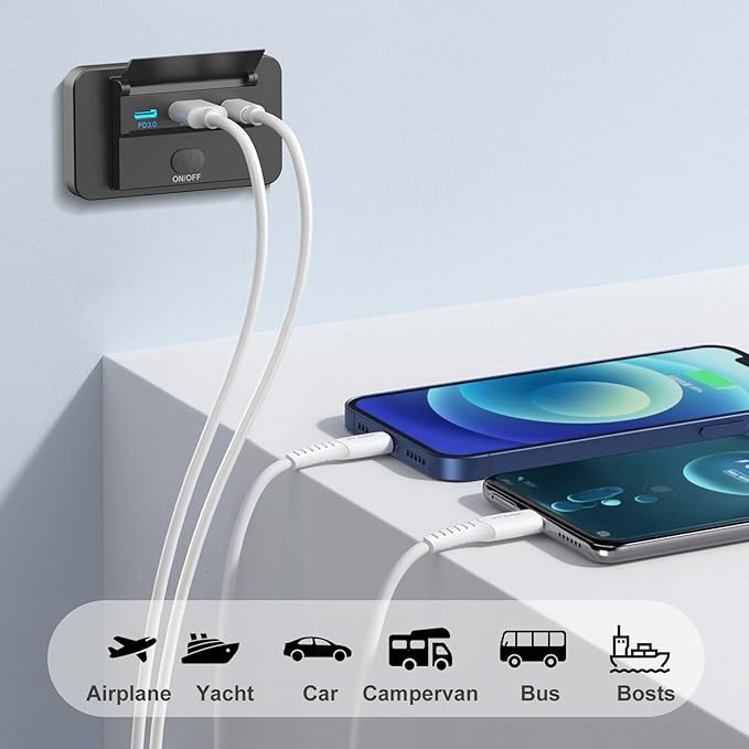 78W 12V USB Outlet Surface Mount Lightweight Dual USB C 30W and QC 3.0 18W Car USB Port, Waterproof 12V Power Outlet Cigarette Lighter Replacement DIY Kit