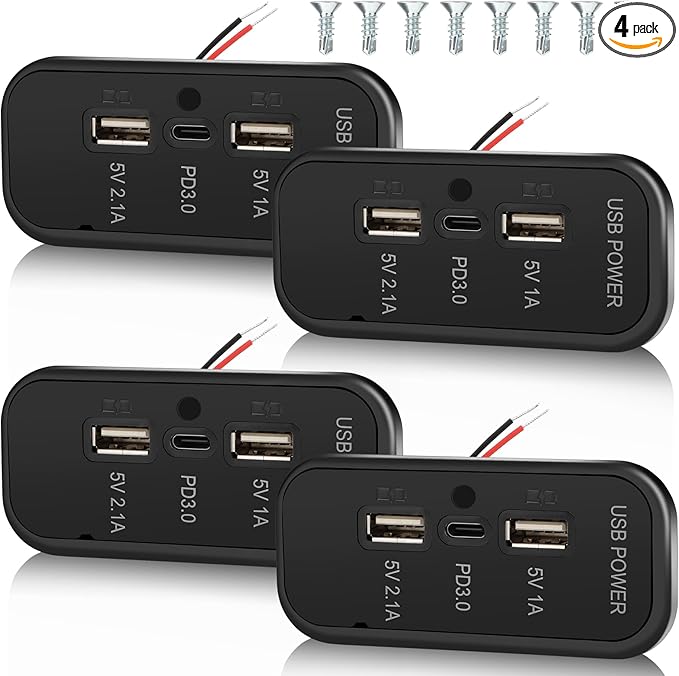 4PCS 3 Ports 12V RV USB Outlet 45.5W, PD3.0 Type-C Quick Charge & Dual A Port 3.1A Panel Wall Mount, Automotive Car Socket Charger Adapter for RV Marine Boat Bus ATV Motorcycle Truck