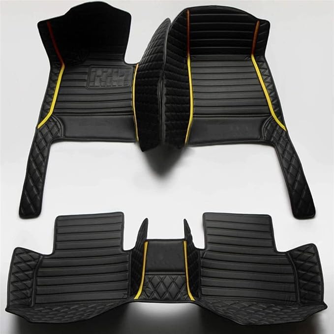 Custom Making Car Floor Mats Compatible for 2000-2025 All Mode Sedan SUV Sports Car Full Coverage Cute Pads Protection Non-Slip Leather Floor Liners (Black and Yellow bar)