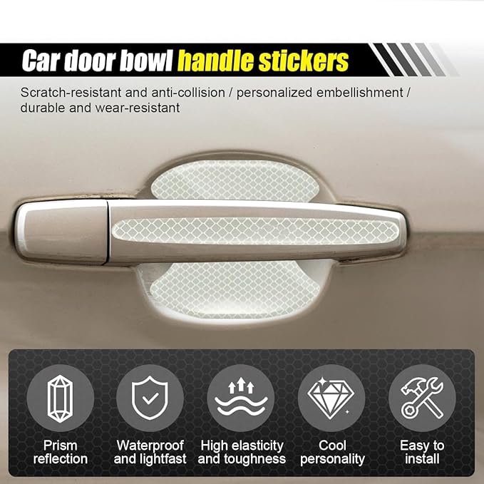 8PCS Car Door Handle Cup Scratch Protector Reflective Sticker - Anti-Scratch Car Door Handle Paint Cover Protective Film Traceless Stickers - Non-Marking Auto Doors Handles Bowl Sticker (White)