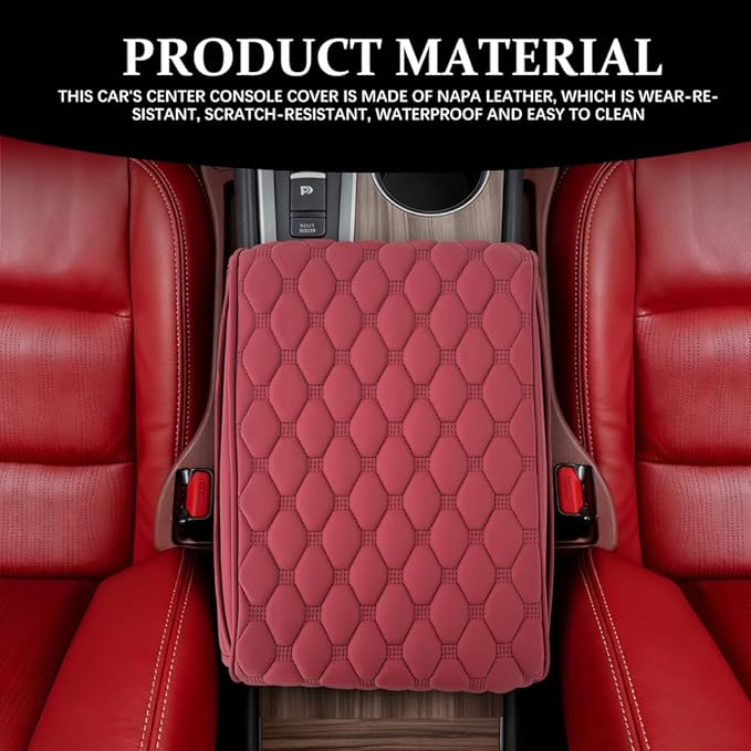 Upgraded Car Center Console Cover, Armrest Cover for Car, Waterproof Leather Auto Armrest Cover Protector with 2 Pocket, Comfortable Arm Rest Box Cushion Pad for Vehicles, Trucks (Wine Red)