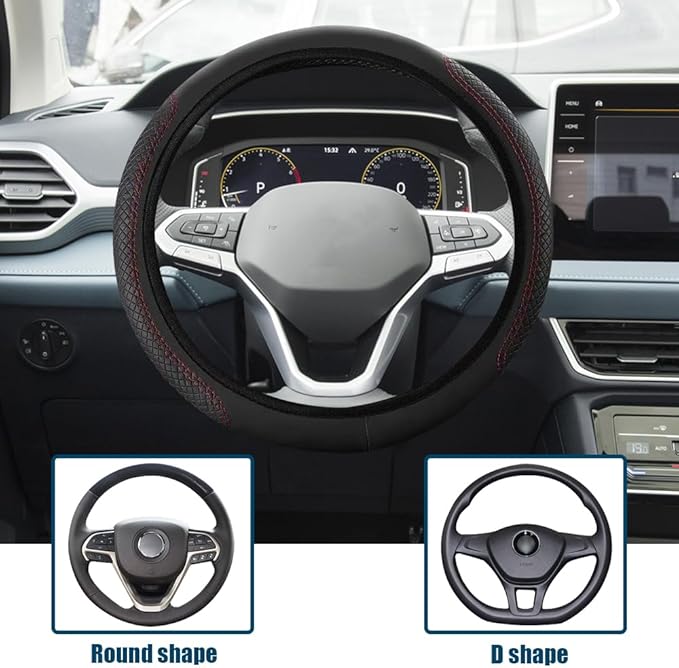 Car Steering Wheel Cover, Universal 14.5-15 Inch Black Leather Steering Wheel Wrap with Better Sport Grip for Men Women, Anti-Slip Breathable Car Interior Accessories for Most Vehicle (Black with red)