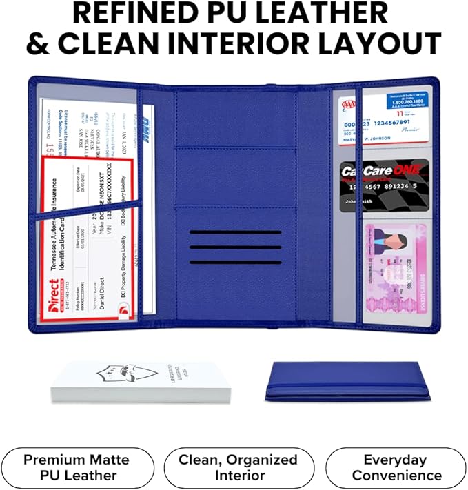 LINTRU Car Registration and Insurance Holder Trifold, Oversized Fit with Reinforced Construction, Matte PU Leather Vehicle Glove Box Organizer for Documents, Car Accessories for Men and Women