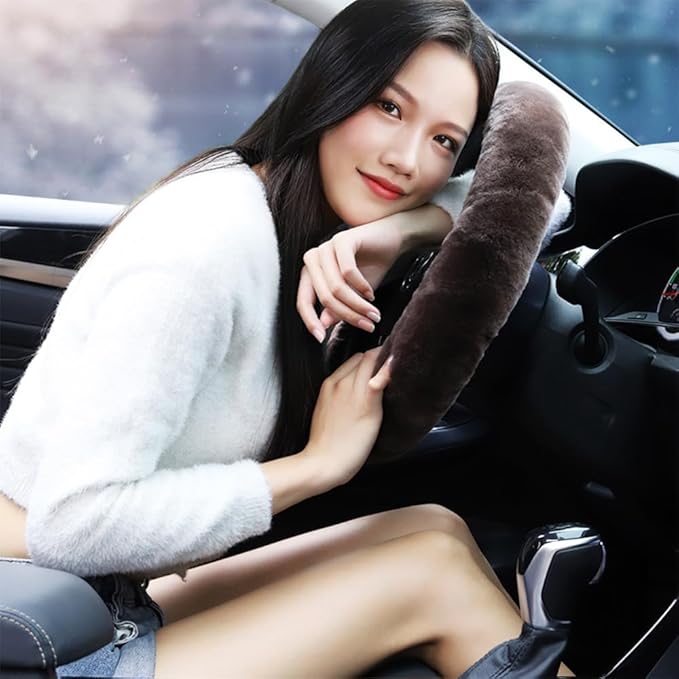Soft Fluffy Sheepskin Car Steering Wheel Cover for Universal Auto Vehicle Women Man 14 1/2 inch-15 1/2inch Fuzzy Accessories (Teak)