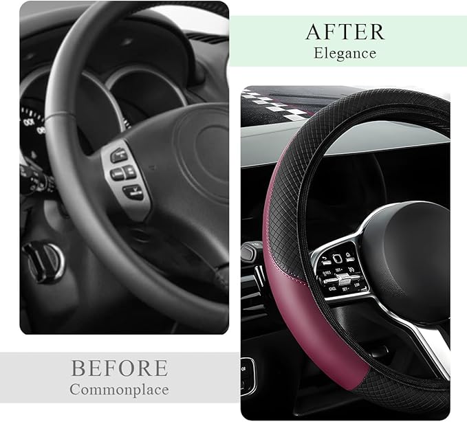 Elastic Steering Wheel Cover - Microfiber Leather Carbon Fiber Protector with Anti-Slip Lining, Interior Accessory (Wine Red, AD)
