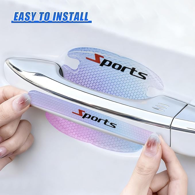 8PCS Laser Car Door Handle Protector, Anti-Scratch & Bumping Auto Door Bowl Protector with Reflective Design, Universal Self-Adhesive Vehicle Exterior Decoration Accessories(Sport)