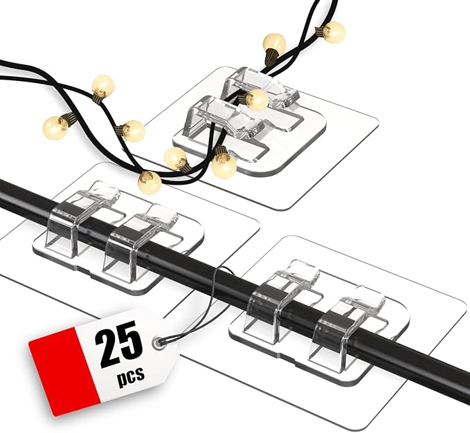 Hooks for Outdoor String Lights, 25 Pack Heavy Duty Cable Clips, Damage Free Cord Clips, Waterproof and UV-Resistant, Clear Self-Adhesive Hooks for Hanging Christmas Lights Outdoor and Patio Decor