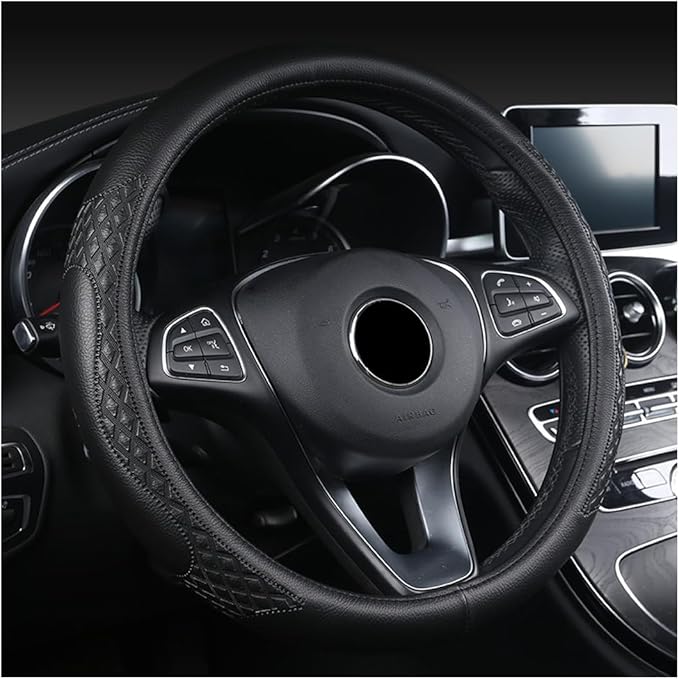 AUCELI Car Steering Wheel Cover, 14 1/2-15 inch Non-Slip Soft Breathable Leather Automotive Steering Wheel Protecteor, Vehicle Accessories for Men Women, Universal for SUV, Truck, RV（Black）