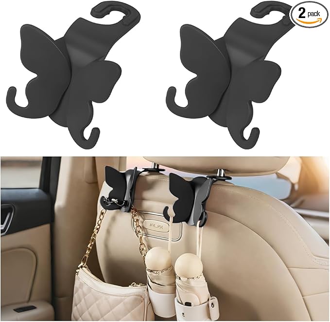 2PCS Car Seat Headrest Hook, Cute Butterfly Backseat Storage Hanger Organizer for Purse Handbag Umbrella, Auto Interior Seat Back Hook Holder Decor, Universal for SUV Truck Van (Black)