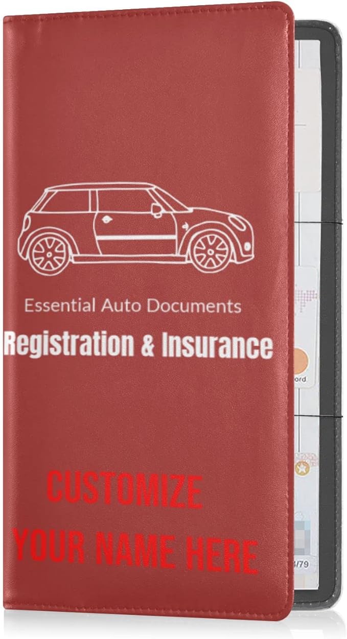 Custom Car Registration and Insurance Card Holder Personalized Leather Glove Box Organize Men Women Wallet Accessories Case for Cards, Essential Document Driver License Red Brown
