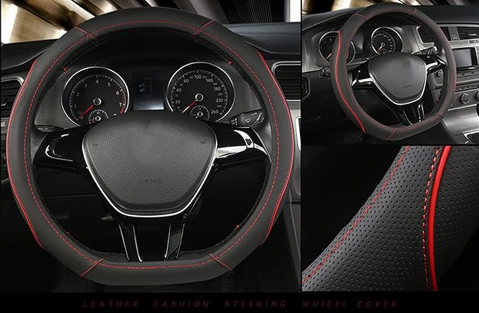 D Shape Car Steering Wheel Cover, Universal 15 inch Stitching Color Anti-Slip Steering Wheel Protector, Red and Blue Stitch Design