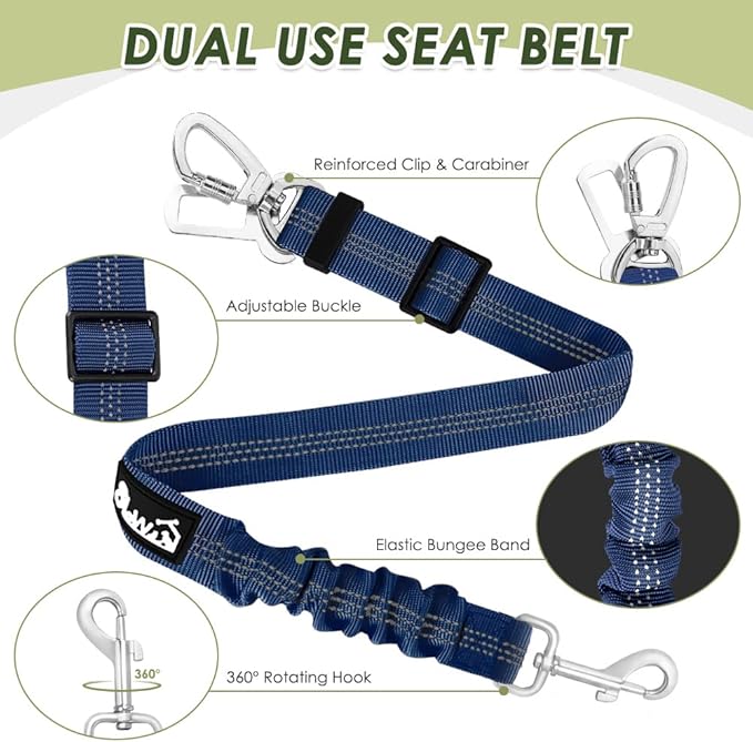 Lukovee Dog Seat Belt - Adjustable Dog Car Harness for Large, Medium, Small Dogs - Soft Padded & Breathable Mesh Dog Seatbelt with Vehicle Connector Strap (Blue Double Clip, X-Small)