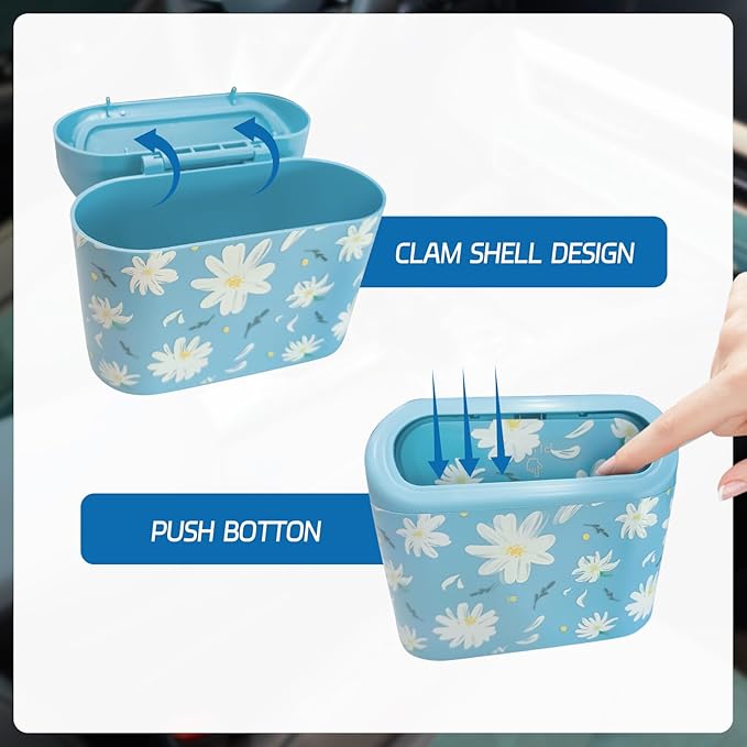 Mini Car Trash Can with Lid – Cute Floral Trash Can for Women, Automotive Garbage Bin with 5 Bags, Organizer for Front and Back Seat, Girly Car Accessories for SUV, Truck, Sedan, Teen Girls
