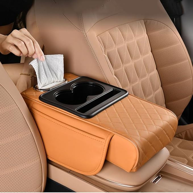 Car Center Console Armrest Pad for Nissan Kicks 2018–2025 2026 P16,Pu Leather Heightening Cushion with Cup Holder and Tissue Box,Multifunctional Organizer Accessories,Yellow