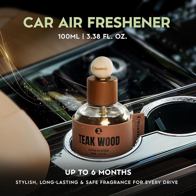 1Roadtrip Car Air Freshener - Long Lasting Essential Oil Diffuser - Aromatherapy Accessories for Men & Women - Non-Toxic Odor Eliminator - Teakwood Car Scent Diffuser 3.38 FL OZ/100ML