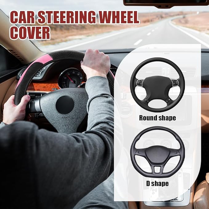 Car Steering Wheel Cover, Steering Wheel Protector, Universal 14.5-15 Inch Microfiber Leather Breathable Auto Steering Wheel Covers, Carbon Fiber Steering Wheel Cover for Women Men (Pink)