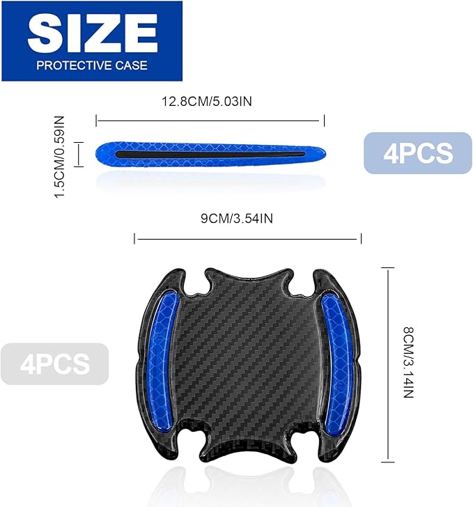 8PCS Universal Car Door Handle Protector Sticker - 3D Carbon Fiber Anti-Scratch Cover, Self-Adhesive & Non-Marking Reflective Safety Strips, Paint Protection Film (Blue)