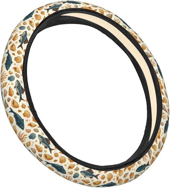 FeHuew Vintage Fish Gold Shells Steering Wheel Cover for Women, Girls 15 inch Universal Auto Car Anti Slip Wrap Steering Wheel Covers Fit for Vehicles, Truck, SUV