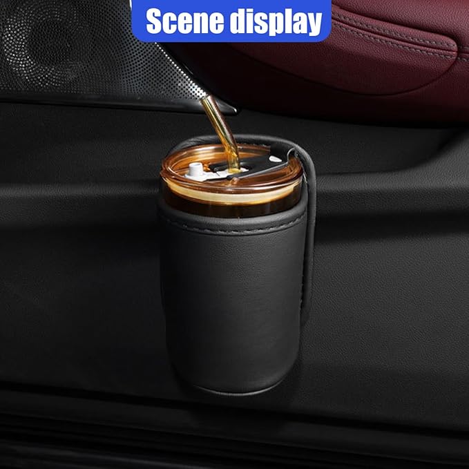 Leather Car Cup Holder, Hanging Automotive Back Seat Bottle Holders, Scratch-Resistant Vehicle Door Drink Holder, Clip-On Auto Organizer Accessories for Soda Cans, Coffee (Black)