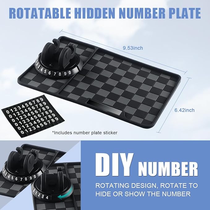 NHHEO Car Anti Slip Mat Dashboard Tray Decorations Sticky Pad Thicken Washable with 360° Rotating Universal Phone Pad Holder+Number Plate for GPS Aromatherapy Sunglasses Key(Black&Gray)
