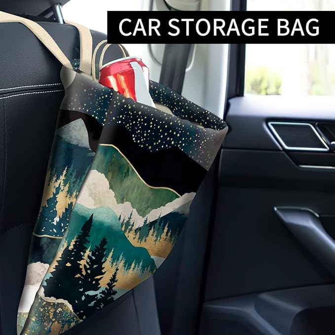 ABUIFDK Car Trash Can, Cute Car Trash Bag, Hanging Car Organizer and Storage Bag, Trash Bin for Car Accessories, Vehicle, Travelling, Camping Night Forest Mountain