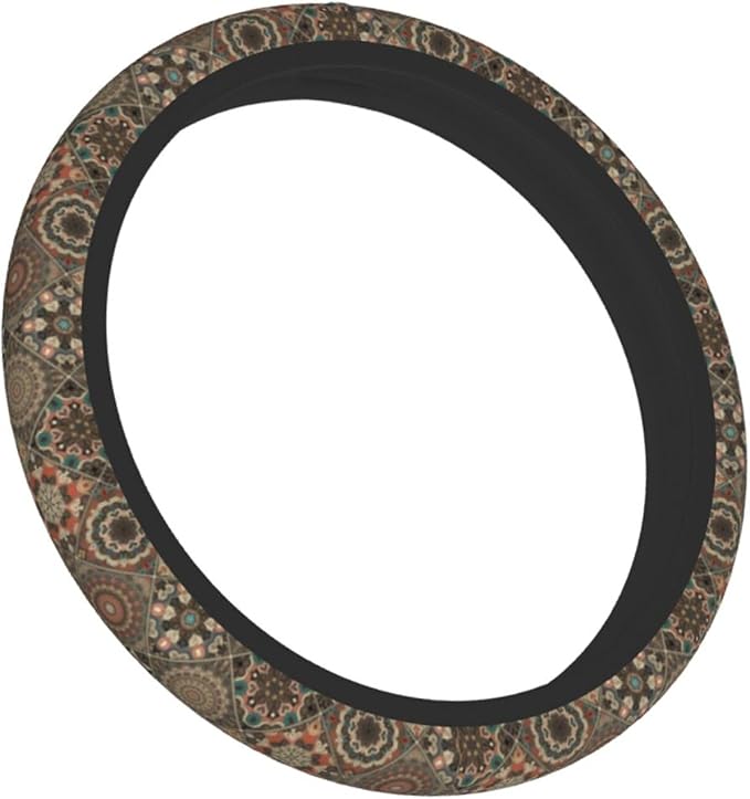 Bohemia Steering Wheel Cover with 2 Car Coasters Non Slip Neoprene for Women Men Universal 15 Inch