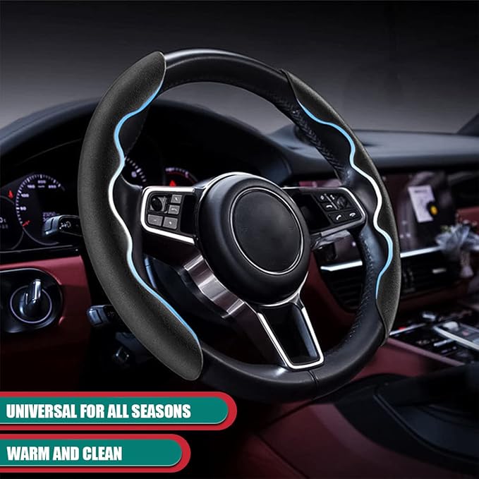 Car Steering Wheel Cover, Microfiber Suede Leather and Carbon Fiber Double Sided Design, Warm in Winter and Cool in Summer, Breathable Non Slip Segmented Protector for Most Cars (Turn Fur/Black)